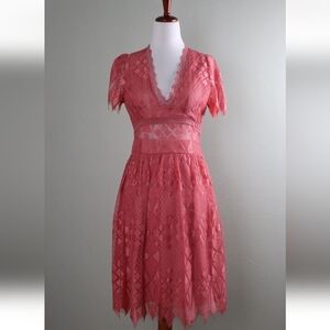 New FOXIEDOX NWT Pink Lace Lined Sheer Waist A-Line V-Neck Dress Size Small